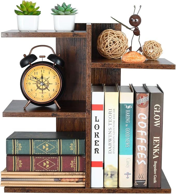 Wood Desktop Shelf Small Bookshelf Desk Supplies Organizers and Accessories Storage Display Rack Office Decor for Women, Antique Brown - Image 4