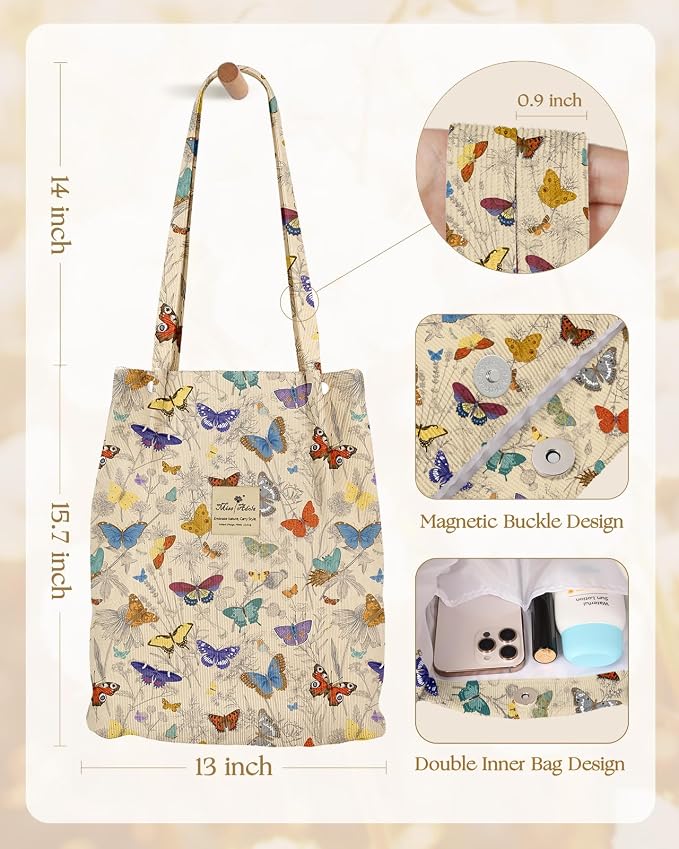 Miss Adola Corduroy Tote Bag for Women with Aesthetic Design | Magnetic Buckle & Pocket, Reusable, Soft, Roomy, Long Shoulder Handles, Double-sided Print, Casual Daily Work, Grocery Bags - Image 5