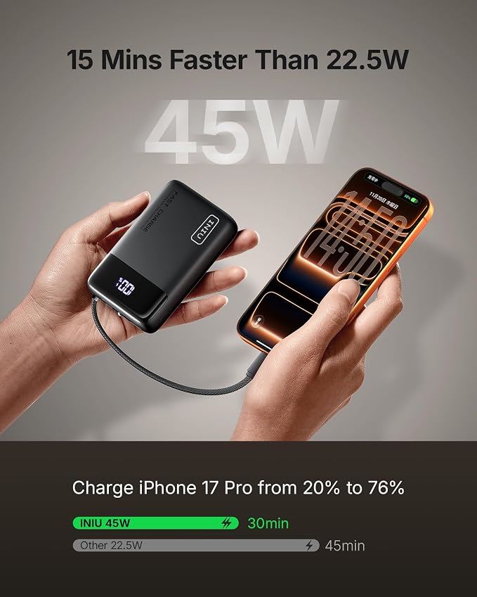 INIU 20000mAh Portable Charger, Smaller 45W Fast Charging Travel Power Bank | Flight-Safe, Built in USB-C Cable, Travel Essential, Battery Phone Pack for iPhone 17 16 Pro, Samsung S26, iPad etc - Image 3