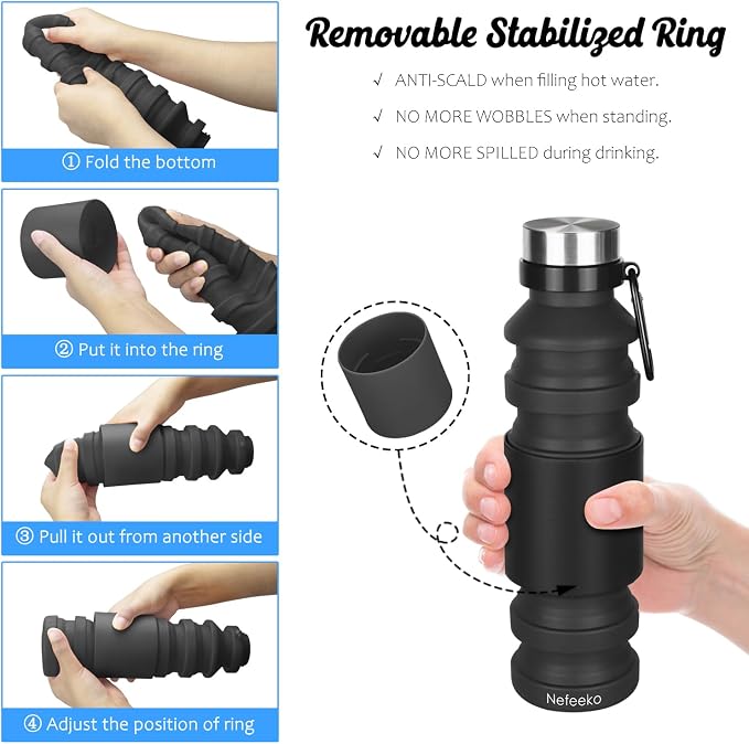 Nefeeko Collapsible Water Bottle, 18floz Reuseable BPA Free Silicone Foldable Bottles for Travel Gym Camping Hiking, Portable Leak Proof Sports Water Bottle with Carabiner | Foldable Water Bottles for Travel Gym Camping Hiking, Portable Leak Proof Spor... - Image 5