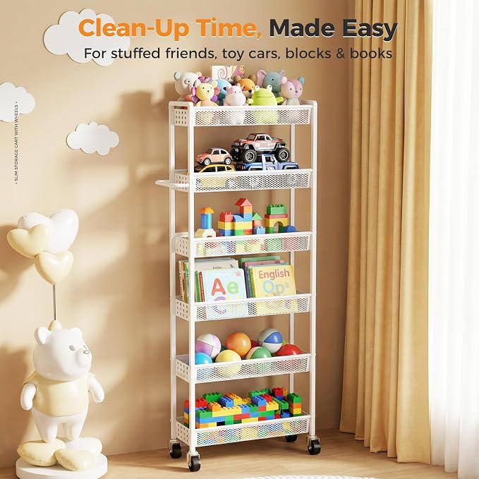 6 Tier Slim Storage Cart with Wheels, 6" D Rolling Storage Cart for Small Space, Metal Narrow Spice Cabinet Mobile Shelving Unit Organizer with Handle for Kitchen, Laundry - White - Image 8
