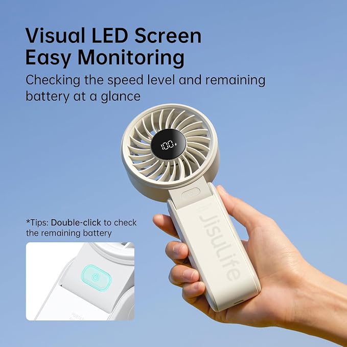 JISULIFE Portable Handheld Fan Life7: 3-in-1 Hand, Desk & Neck Fan-Gery | 19.5H Max Cooling, 5-Speed, LED Display, 5000mAh Rechargeable,USB Foldable Fan for Travel/Concerts/Cruise/Sports Events/Gifts - Image 6