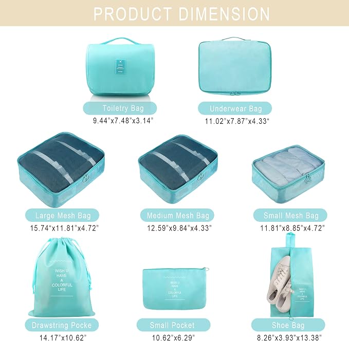 Packing Cubes, 8 Pcs Travel Packing Organizers for Suitcases, Large Capacity Travel Luggage Organizers Set includes 8 Storage Bags (Sky Blue) - Image 2