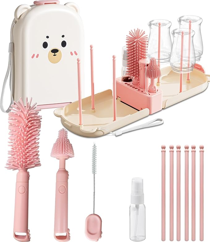 Pink Travel Baby Bottle Cleaner Kit – 6-in-1 Portable Brush Set with Drying Rack & Storage Case | Baby Travel Essentials for Flying, Newborn Bottle Cleaning & Breast Pump Parts On-The-Go by Detsuk