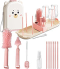 Pink Travel Baby Bottle Cleaner Kit – 6-in-1 Portable Brush Set with Drying Rack & Storage Case | Baby Travel Essentials for Flying, Newborn Bottle Cleaning & Breast Pump Parts On-The-Go by Detsuk