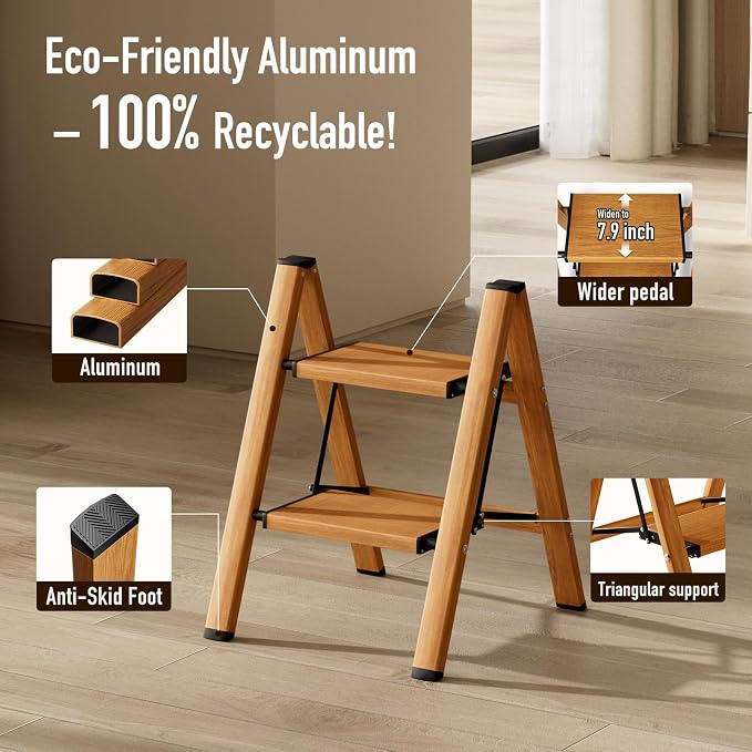 Mayi Plus 2 Step Stool Foldable, Aluminum, Lightweight Step Ladder | Extra-wide anti-slip folding steps with 330 lbs, for home,kitchen,office,outdoor,Woodgrain - Image 8