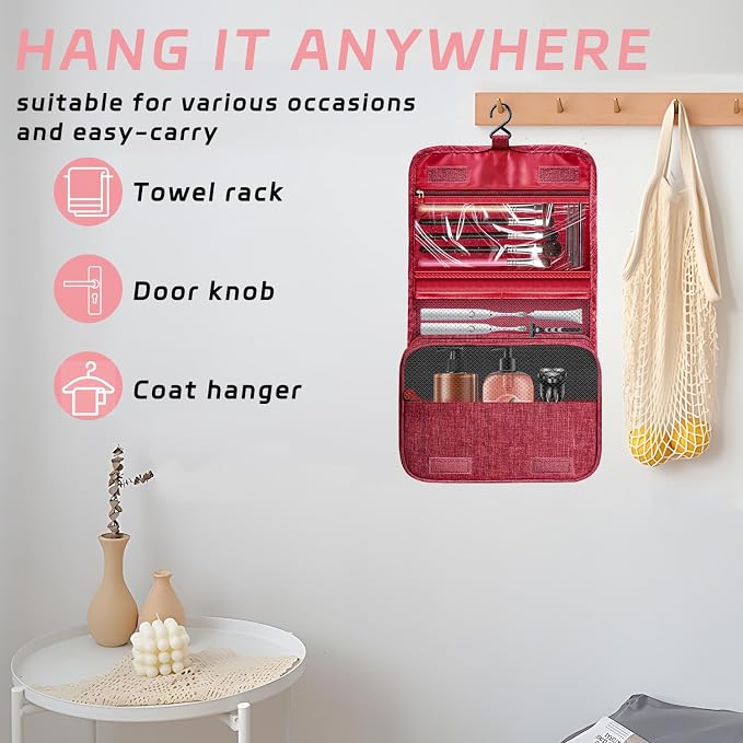Toiletry Bag Travel Bag with Hanging Hook for Women and Men,Red | Waterproof Small Capacity Hanging Multifunctional Makeup Bag for Toiletries, Portable Cosmetic Bag Travel Organizer - Image 5