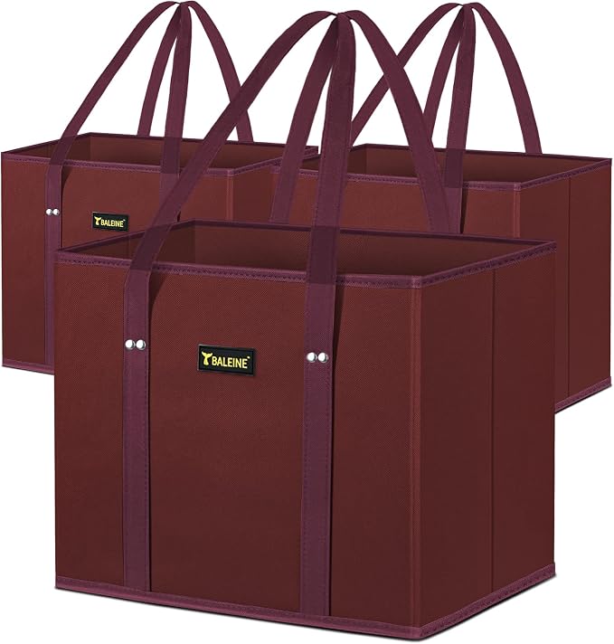 BALEINE 3PK Reusable Grocery Bags, Heavy Duty Shopping Tote Bag | 12'' Long Handles, Reinforced Bottom Keeps Upright, Fold Flat Storage, Water-Resistant Shopping Bag, Multiple Color Options by BALEINE