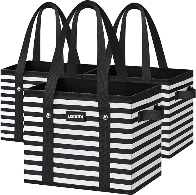 Reusable Grocery Bags 3 Pack - Heavy Duty Reusable Shopping Bags with Hard Bottom & Long Handles, Foldable Utility Tote Bag with Box Shape to Stand Up, 13x10.23x11in, Stripe Black by DSDCDJ