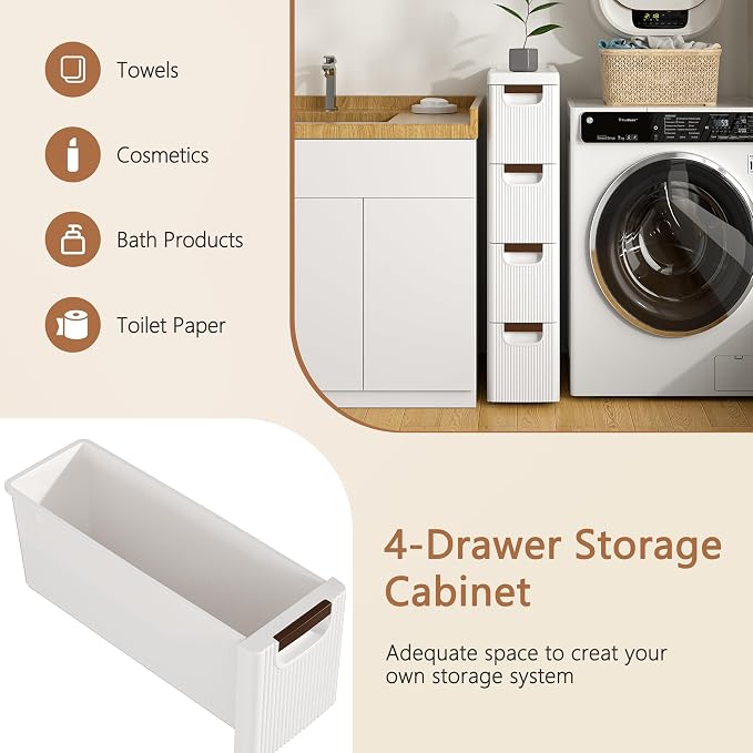 VECELO 4-Drawer Narrow Bathroom Storage Cabinet, Mobile Plastic Slim Rolling Organizer Cart with Built-in 4 Wheels for Living Room, Kitchen, Bathroom, Bedroom, Office, White(16.5" x 7.5" x 28.9") - Image 5