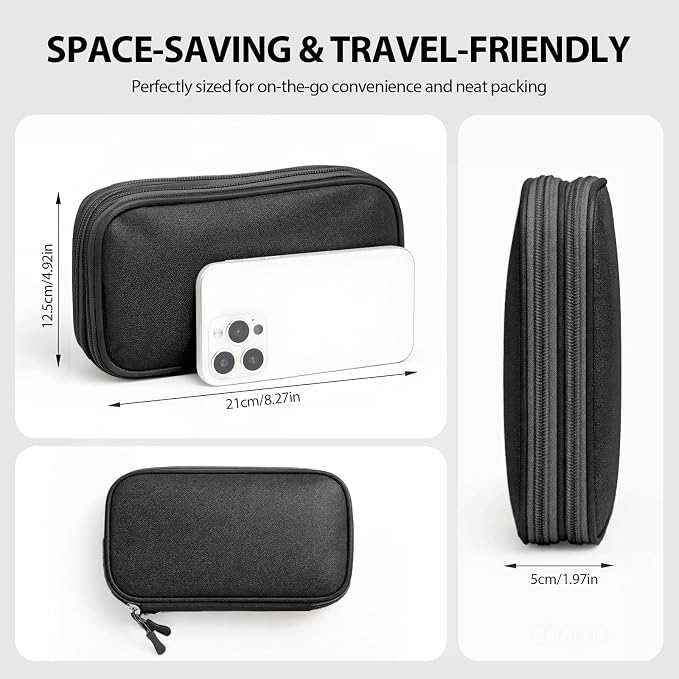 Double Layer Electronics Organizer, Travel Tech Pouch, Black | Water-resistant Oxford fabric with padded lining. 8 compartments organize 3ft+ cords and chargers. Includes 8 cable ties. - Image 2