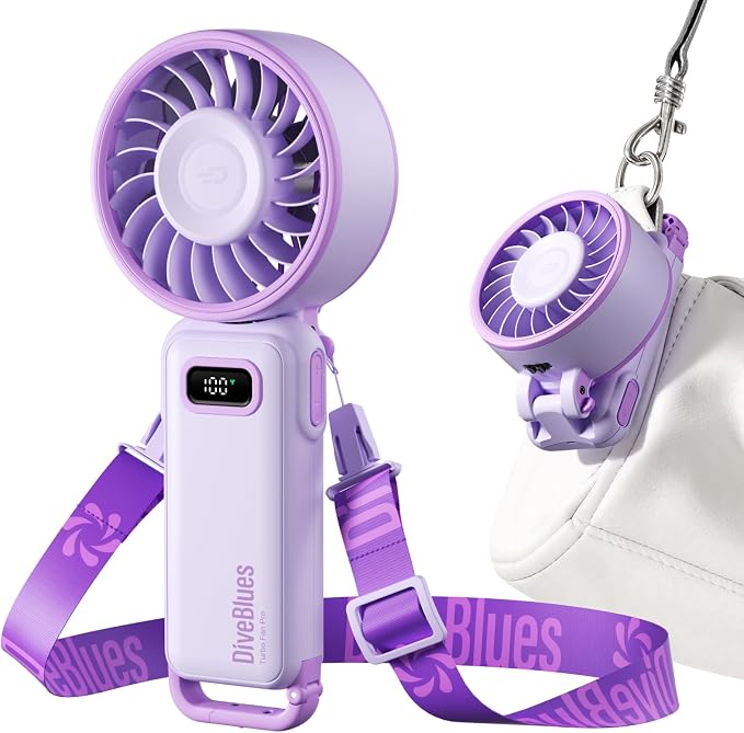 Diveblues Portable Turbo Fan, 100 Speed Handheld Fan with Strong Airflow, Foldable 4 in 1 Personal Fan for Neck, Desk & Travel, USB-C Rechargeable, Lightweight for Summer, Concerts & Outdoor Use by Diveblues