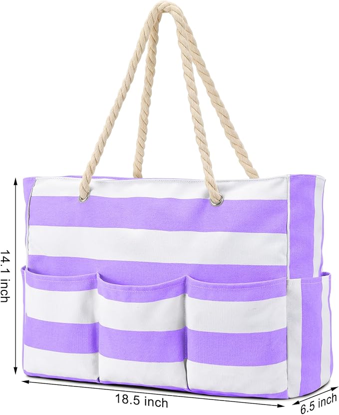 Becokan Beach Bags for Women Canvas Large Beach Tote Bag Zipper Waterproof Sandproof Foldable Swim Pool Bag with 7 Pockets - Image 6