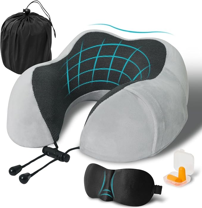 Travel Pillow, Memory Foam Neck Pillow for Traveling, U Shape Neck Pillow Airplane Portable Flight Pillow Travel Kit with 5D Contoured Eye Masks and Earplug for Plane Train Car Home Office by Unknown