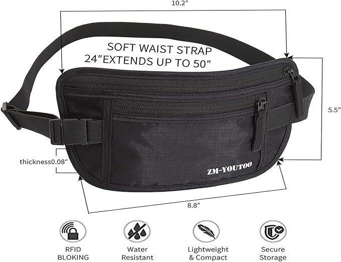 ZM-YOUTOO Money Belt for Travel - Hidden Travel Pouch Protect Your Credit and Money With RFID Blocking Passport Holder Waist Wallet (Black) - Image 2