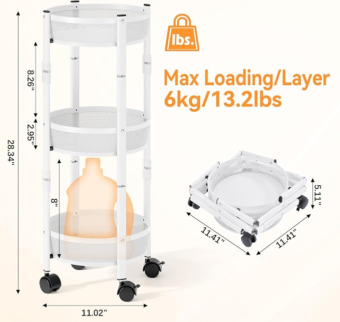 TOOLF 3 Tier Foldable Rolling Cart, Metal Utility Storage Cart, White | Assembly-Free, Lockable Wheels, Round Trolley Organizer for Bathroom, Kitchen, Office, Dorm, Laundry, Craft Room - Image 3