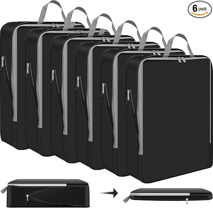 Hosuly 6 Pcs Large Ultralight Compression Packing Cubes for Travel 17.3 x 12.6'' XL Large Expandable Luggage Storage Organizers for Save Space Family Long Trips (Black 01) by Hosuly