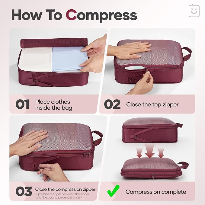 Veken 9/11 Set Compression Packing Cubes Garment Bags for Travel Essentials,Compressible Expandable Luggage Organizer Bags for Clothing,Space Saver Bags with Over 1000 pcs of Mesh Holes(Wine Red) - Image 3