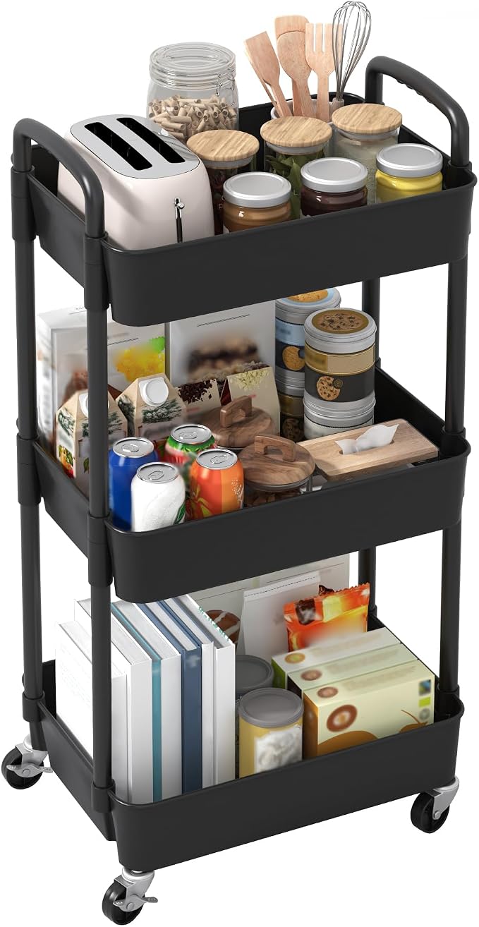 Sywhitta 3-Tier Plastic Rolling Utility Cart with Handle, Multi-Functional Storage Trolley for Office, Living Room, Kitchen, Movable Storage Organizer with Wheels, Black (Pack of 2) - Image 8