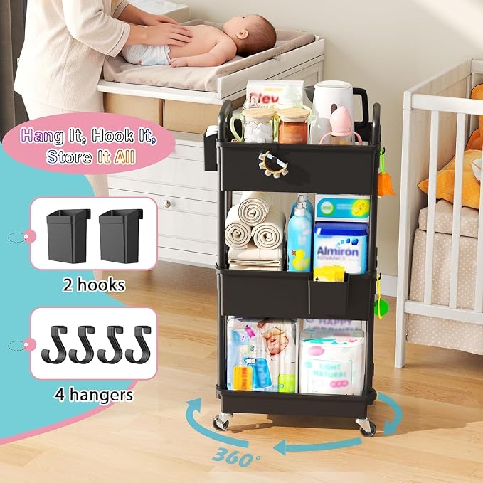 SUNALLY Baby Diaper Caddy Cart,3 Tier Rolling Diaper Cart for Nursery | Large Capacity & Easy Assemble Diaper Storage Organizer with Lockable Wheels for Newborn, New Mom, Baby Girl Boy Essentials - Image 4