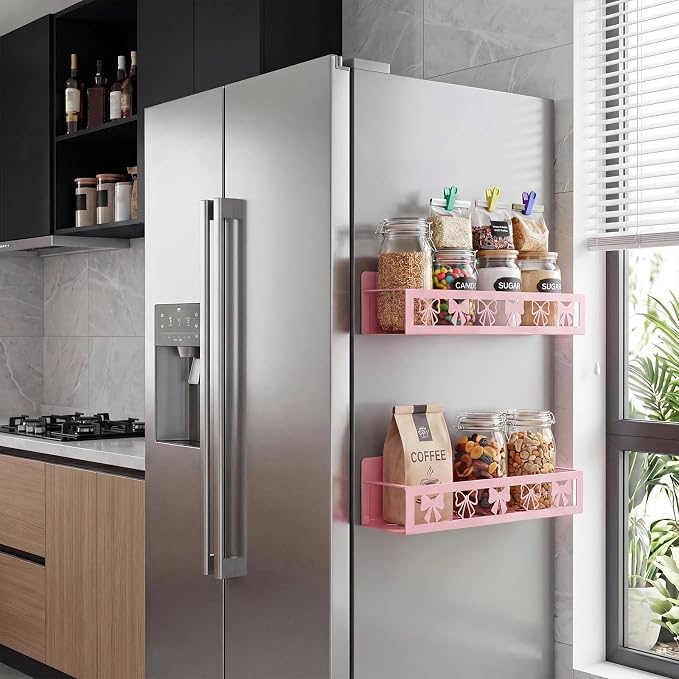 Beeveer 2 Pcs Magnetic Spice Rack for Refrigerator, Pink Bow | Magnetic, No Drilling, Pink Bow Kitchen Decor, Pink Home Accessories, 2 Sizes Metal Storage Shelf for Fridge Spices - Image 8
