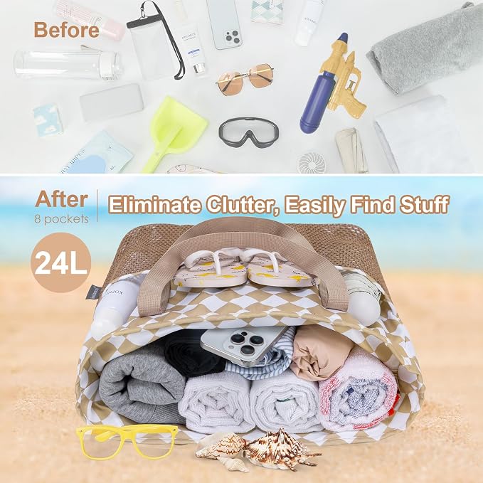 KABAQOO Large Beach Bag Waterproof Sandproof Tote Bag for Women with Zipper & Mesh Pockets for Pool Swim Travel Everyday | waterproof - Image 6