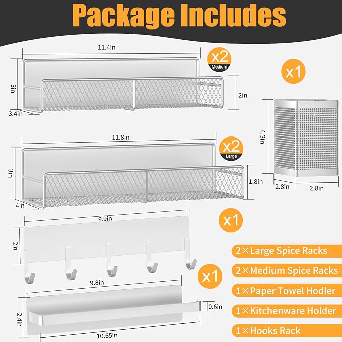 Magnetic Spice Rack for Refrigerator, 7 Pack 100% Metal Strong Magnet Shelves, Kitchen Spice Organizer W/ Hook Rack, Paper Towel Holder, Utensils Caddy, Home Laundry Room Storage Organization (White) - Image 2