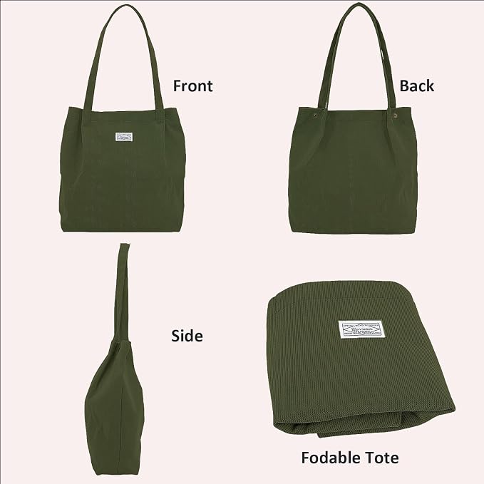 UERRUAM Corduroy Tote Bag for Women with Inner Pockets, Cute Go-to Bag | Slouchy Shoulder Bag for Everyday, Work, Books, Beach & Grocery Shopping, Lightweight Washable Foldable, Cloth Purse - Image 3