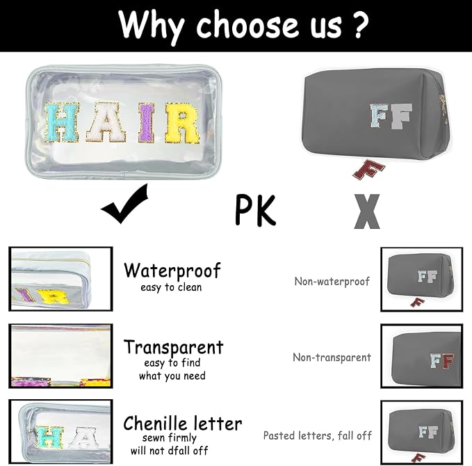 Chenille Letter Clear Makeup Bag Stuff Patch, Travel Toiletry Makeup Bag with Handle, Nylon Waterproof Makeup Bags clear cosmetic bag, preppy patch makeup bag for Women (STUFF-Black) - Image 4