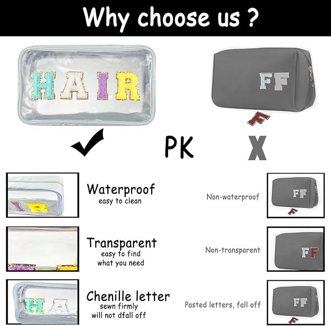 Bunliuys Chenille Letter Clear Makeup Bag Snacks Patch, Travel Toiletry Makeup Bag with Handle, Nylon Waterproof Makeup Bags clear cosmetic bag, preppy patch makeup bag for Women (SNACKS-Black) - Image 4