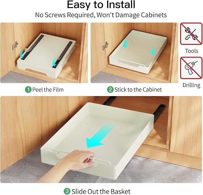 Cabinet Drawer Slide Out - Peel and Stick Pull Out Drawer for 13" Wide Cabinet and Above, No Screw Adhesive Cabinet Drawer Easily Slide to Get Item Without Digging, Avoid Item Fall Out, Black - Image 4
