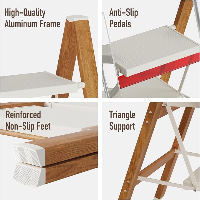 Mayi Plus 4 Step Stool Foldable, Aluminum, Lightweight Step Ladder | Extra-wide anti-slip folding steps with 330 lbs, for home,kitchen,office,outdoor,White & Woodgrain. - Image 8