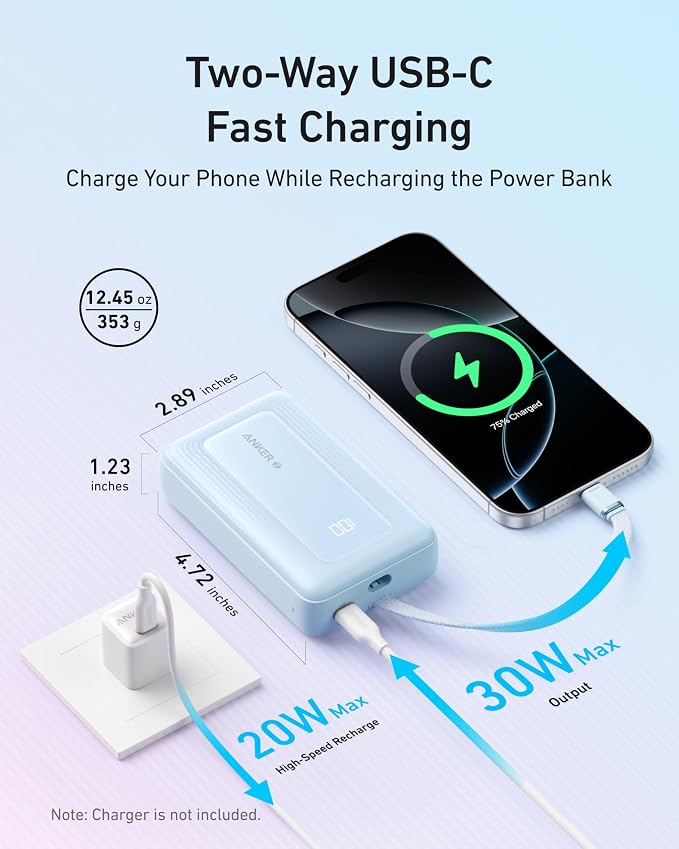 Anker Zolo Power Bank (2025 Upgraded Version), 20,000mAh 30W High-Speed Portable Charger with Built-in USB-C Cable, Battery Pack for iPhone 17/16 / 15 Series, Galaxy, and More (Pack of 2) - Image 5