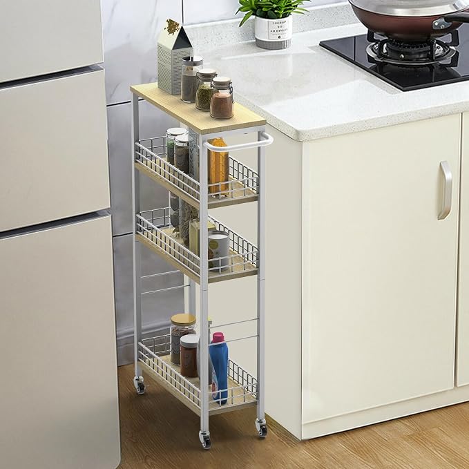NOVIMANGO Slim Storage Cart White 4 Tier Rolling Cart with Wheels | Slim Rolling Cart for Kitchen, Narrow Storage Cabinet for Bathroom, with Wood Tabletop, for Narrow Spaces - Image 6