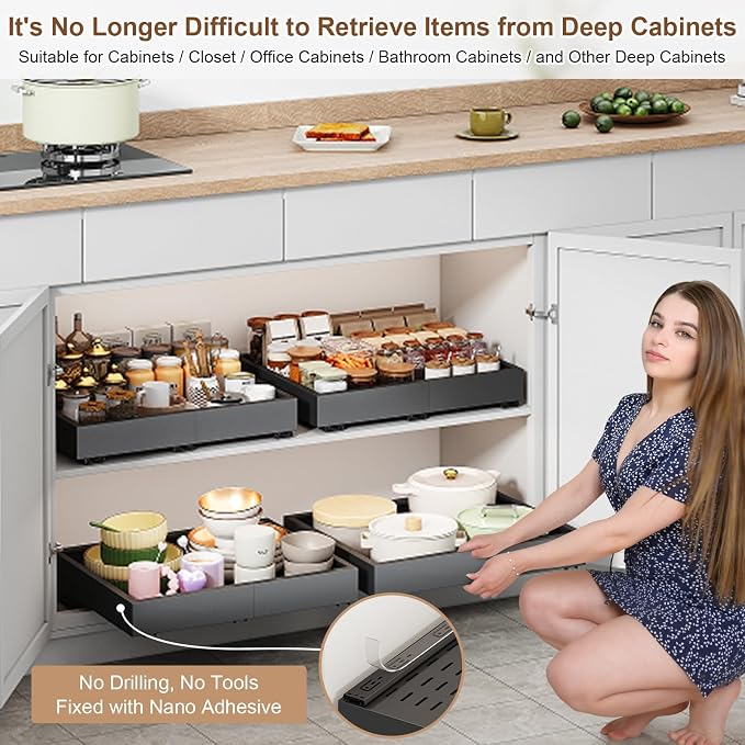Fokyfok Pull out Cabinet Organizer,11"-16"W,17"-24"D,Expandable,Adhesive | No Drill,3 Rails,Roll out Drawers,Adjustable Slide out Shelves for Kitchen,Pantry,Framed and Framless Cabinets,Black,1PC - Image 4