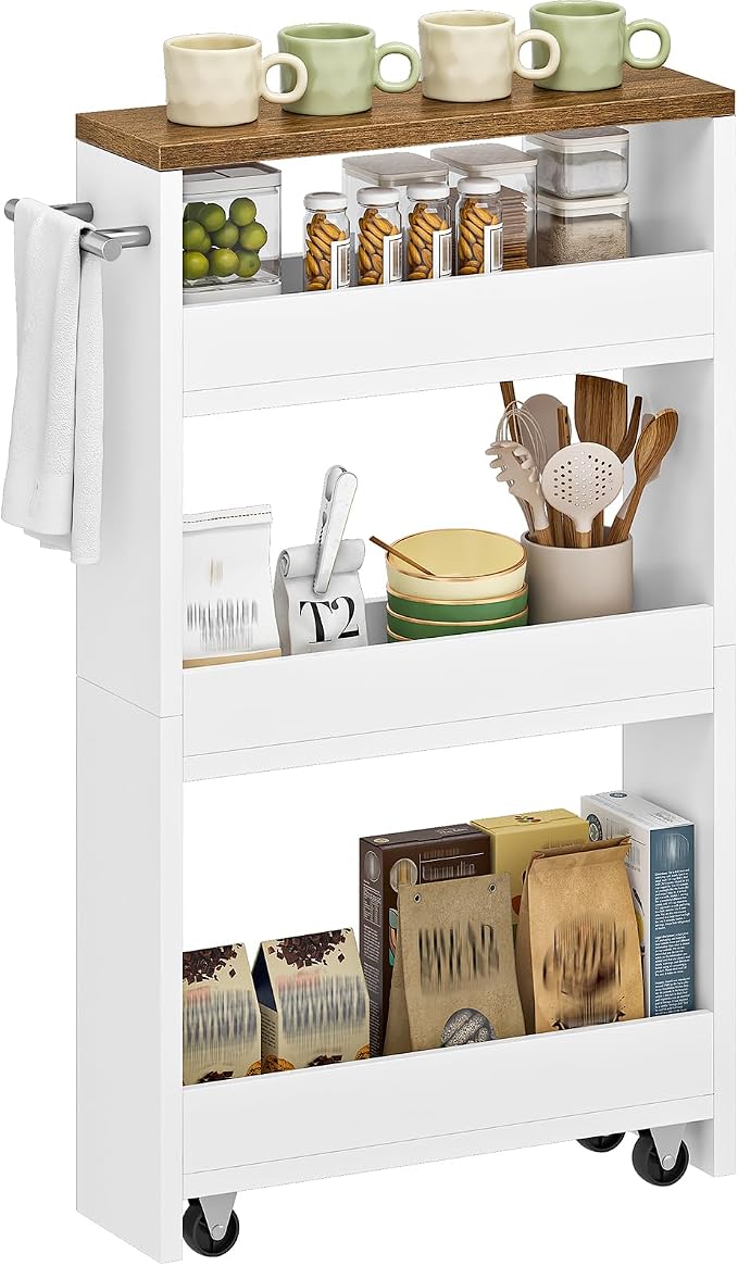 Slim Storage Cart, Slim Storage Rack on Wheels, Rolling Trolley with Handle, Storage Organizer, for Kitchen, Dining Room, Living Room, Laundry Room, White and Walnut MTC01WL - Image 8