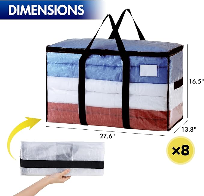 TAILI 8 Pack Clear Extra Large Moving Bags,Storage Bag with Visible Window | 93L Heavy Duty Totes For Storage,Wrap Around Handles,Alternative to Moving Boxes, College Dorm,Perfect for Moving - Image 3