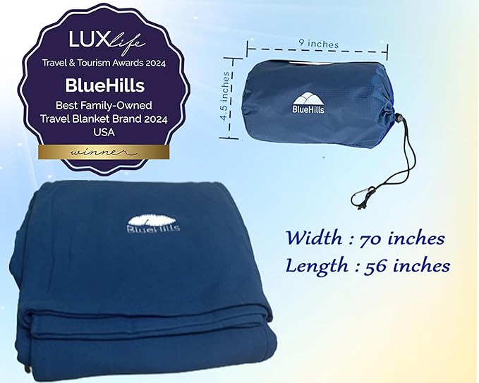 BlueHills Ultra Compact 2 Pack Travel Blanket Pillow Airplane - Navy Blue | Travel Set Blanket/Pillows 70 X56, Matching Pillowcase, Luggage Strap & Carabiner, Compact & Packable, Traveling Essentials - Image 7