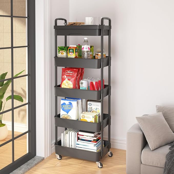 Calmootey 5-Tier Utility Cart with Drawer & Wheels, Storage for Home,Office | Space-Saving Organizer, Sturdy Plastic Shelves, Smooth-Rolling Metal Wheels, Built-in Drawer for Small Items, Black - Image 4