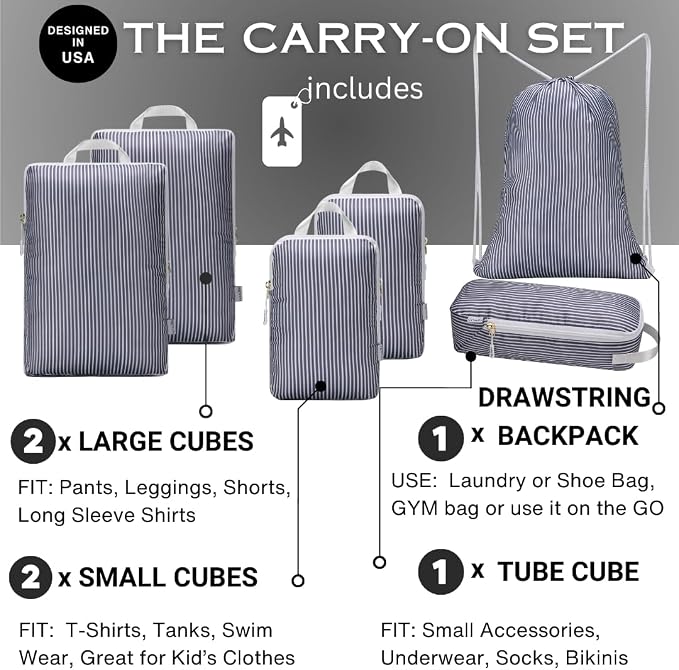 Compression Packing Cubes for Travel 6PC Set - Suitcase Organizer & Space Saver Bags for Carry On Luggage with Drawstring Backpack Grey Stripe - Image 3