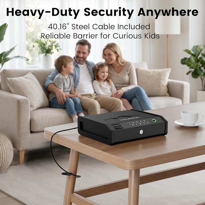 Handheld Portable Biometric Gun Safe for Handgun 3 Ways of Access | Fingerprint Pistol Safe Quick Access with LCD Temperature Humidity for Bedside, Travel, Car, Fit 2 Handguns - Image 7