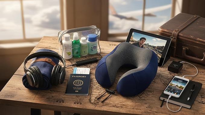 Airplane Travel Neck Pillow, 100% Memory Foam Ergonomic Neck Support, Airplanes Neck Pillow with Washable Cover Travel Essential for Flight Car & Office Includes Eye Masks, Earplugs & Carry Bag (Blue) - Image 4