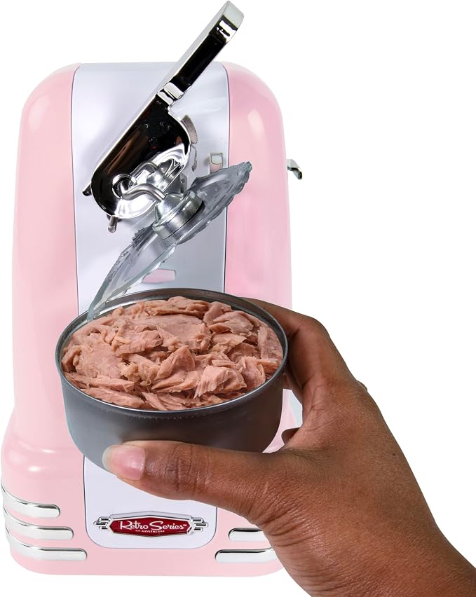 Nostalgia Retro Electric Can Opener for Kitchen with Magnetic Lid Remover, Knife Sharpener, and Soda or Beer Bottle Opener, Pink - Image 7