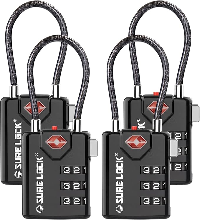 SURE LOCK TSA Approved Luggage Locks with TSA Open Alert Indicator, 3 Digit Combination Travel Lock for Suitcase, Luggage, Backpack,Toolbox & Travel Bag Black 4 Locks by Hopeyoucanstaysafe