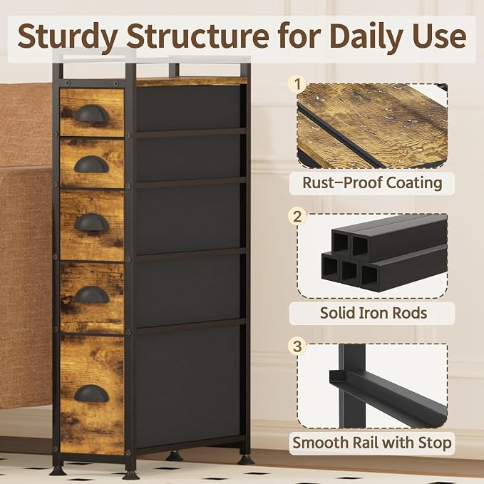 LASZOLA Narrow Cabinet Slim Storage Cart for Bathroom Small Space, 5 Tier | Skinny Rolling Organizer Shelf with Sturdy Fabric Drawers, Lightweight Mobile on Wheels, Between Washer and Dryer - Image 5