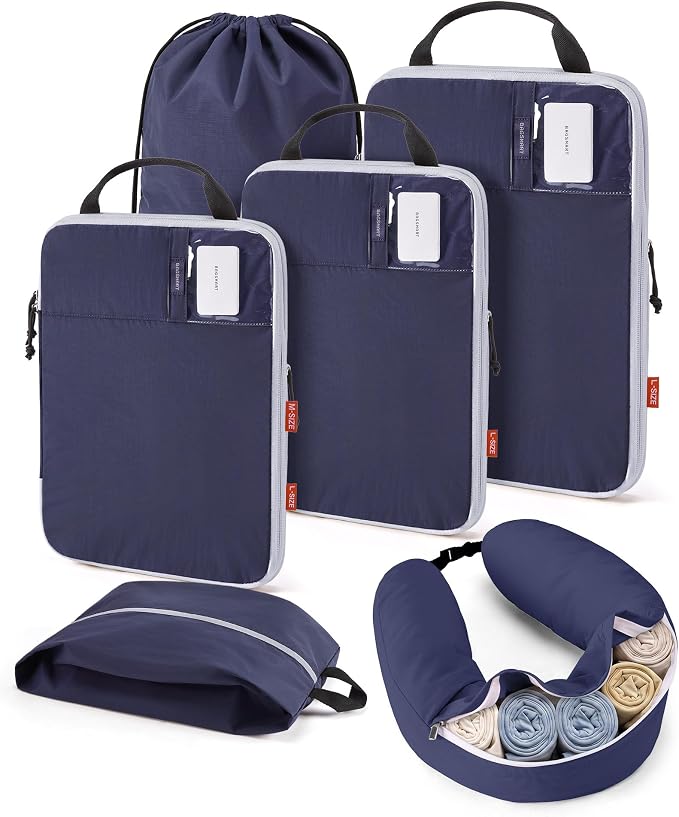 BAGSMART Compression Packing Cubes with Fillable Neck Pillow for Clothes | 1 Wearable Neck Pillow & 5 Travel Bags to Avoid Baggage Fees, Durable, Tear Resistant Washable Taslan Fabric with Card Slots by BAGSMART