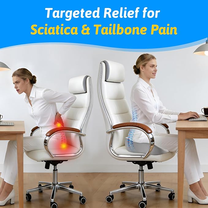 Seat Cushion for Tailbone & Sciatica Pain Relief | Certified & Ergonomist-Designed,Tapered Front Edge Reduces Thigh Pressure,Wide Memory Foam for Office Chair, Car, Wheelchair - Image 3