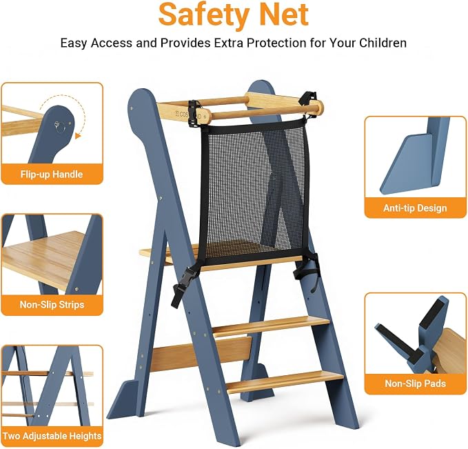COSYLAND Foldable Toddler Kitchen Stool Helper - Height Adjustable Standing Tower for Bathroom Sink or Kitchen Counter - Step Stool for Toddlers Ages 18 Months to 6 Years Gray & Natural - Image 3