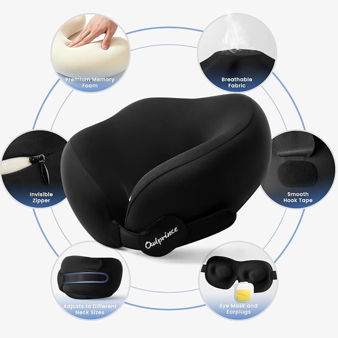 Travel Neck Pillow for Airplane, Neck Travel Pillow, Upgraded Soft 100% Pure Memory Foam - Lightweight and Stowable - Ergonomic Design for Long Flights, Car, Train, Office Use - Image 9