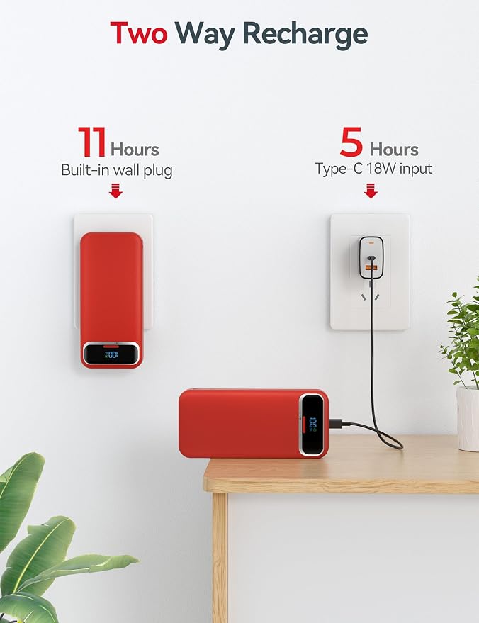 aonidi Portable Charger 20000mAh with Built-in Cables&AC Wall Plug, Red | PD20W Fast Charging,Travel Essential,TSA Approved,LED Display,All in One USB C Power Bank for All Cell Phones Devices - Image 7